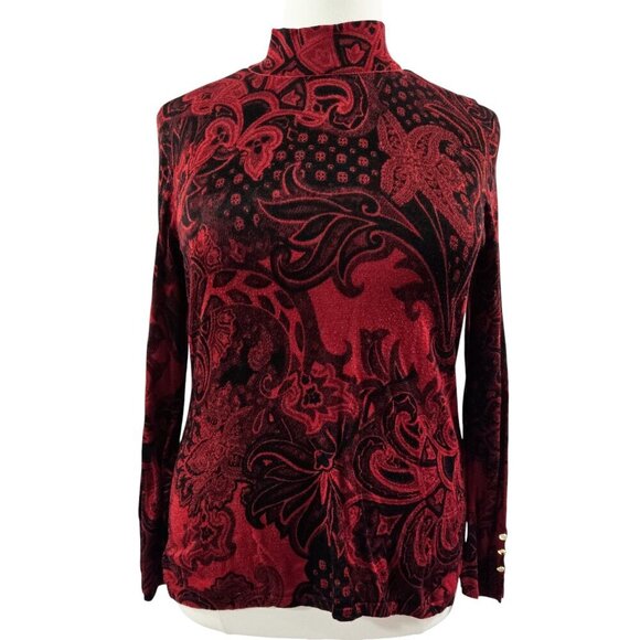 Chico's Sweaters - Chico's Red Black Floral Paisley Mock Neck Back Zip Lightweight Sweater Boho